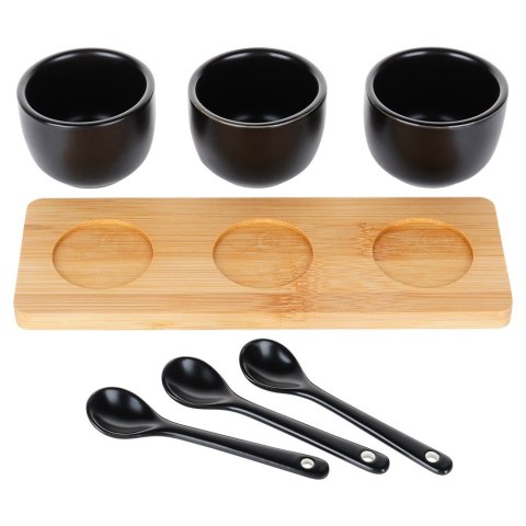 Miseczki na przekąski z łyżeczkami ceramiczne czarne małe 90ml 7-ele VILDE 139686
