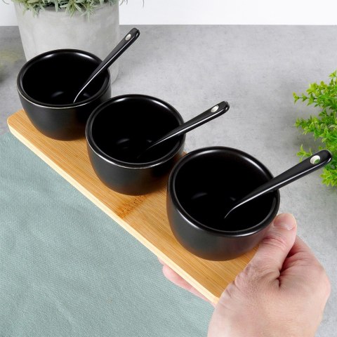 Miseczki na przekąski z łyżeczkami ceramiczne czarne małe 90ml 7-ele VILDE 139686