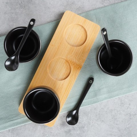 Miseczki na przekąski z łyżeczkami ceramiczne czarne małe 90ml 7-ele VILDE 139686