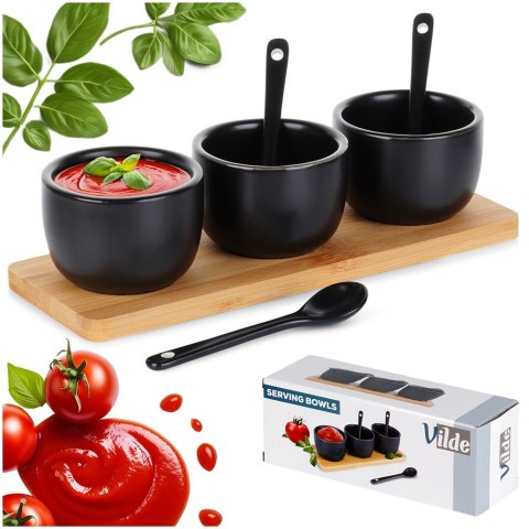 Miseczki na przekąski z łyżeczkami ceramiczne czarne małe 90ml 7-ele VILDE 139686