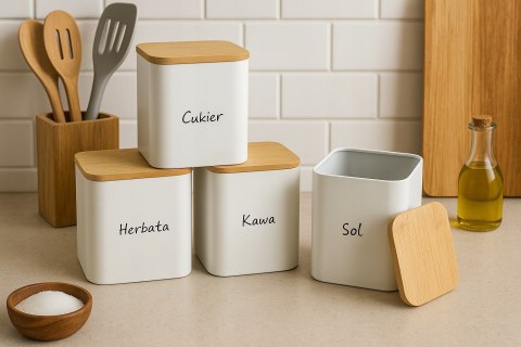 Komplet 4 pojemników kawa herbata cukier sól 13.5x9.5cm KRISBERG KS-2713 (napisy PL)